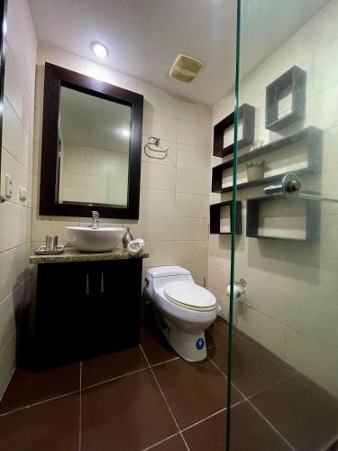 a bathroom with a toilet and a sink and a mirror at Ecuabook OmniHospital Torre Sol 702 in Guayaquil