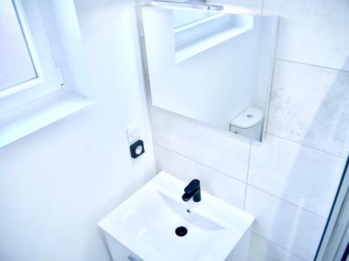 une salle de bain blanche avec un lavabo et un miroir dans l'établissement Travel Tokyo, à Sens