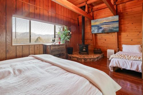 1 Schlafzimmer mit 2 Betten in einem Zimmer mit Holzwänden in der Unterkunft The Cedar Bear Lodge, Jacuzzi with an Outdoor Patio & BBQ in Big Bear City Airport