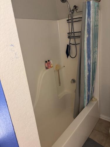 a shower in a bathroom with a shower curtain at The House on Wertz in Mena