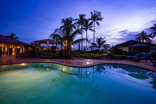 a swimming pool at night with palm trees in the background at Blue Star Dive and Resort in Anda