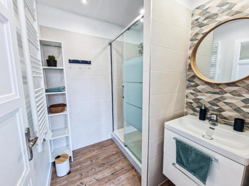 une salle de bain avec douche et lavabo dans l'établissement Magnum 80 Terrasse & Climatisation - 6 personnes - BnB Epernay, à Épernay