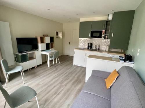un salon avec un canapé et une cuisine dans l'établissement Studio cosy centre Aix-les-Bains avec wifi et animaux acceptés - FR-1-555-106, à Aix-les-Bains
