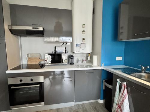 d'une petite cuisine avec des appareils électroménagers en acier inoxydable et des murs bleus. dans l'établissement Joli appartement 2 pièces avec balcon et parking à Villers-sur-Mer - FR-1-712-90, à Villers-sur-Mer