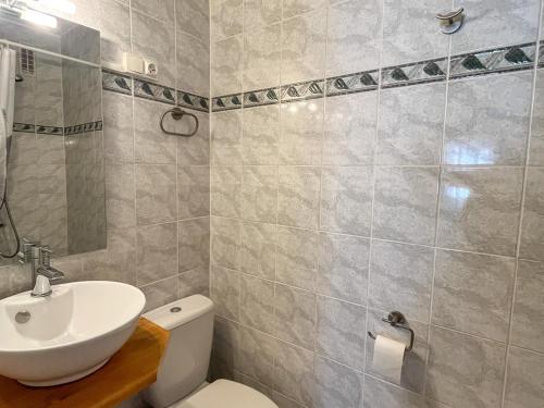 une salle de bain avec un lavabo et des toilettes dans l'établissement Argelès-Plage: T2 confortable, proche mer et commerces - FR-1-753-28, à Argelès-sur-Mer