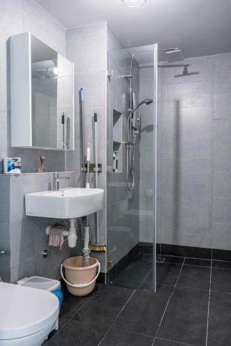 a bathroom with a shower and a sink and a toilet at Jesselton Quay by SNUG SPACE in Kota Kinabalu