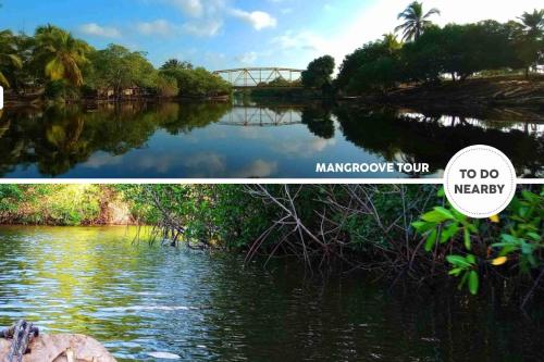 a collage of two pictures of a river at Beach House with AC Surrounded by Nature in Moñitos