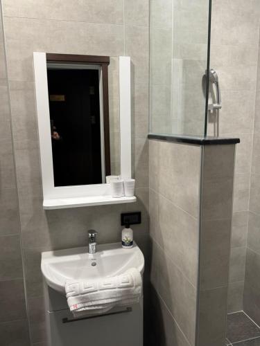 a bathroom with a sink and a mirror at P and B's Home in San-k'un-shen
