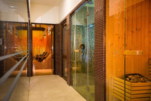La salle de bains est pourvue d'une douche et d'une cabine de douche en verre. dans l'établissement Hotel Ventus Natural & Medical Spa, à Gołdap