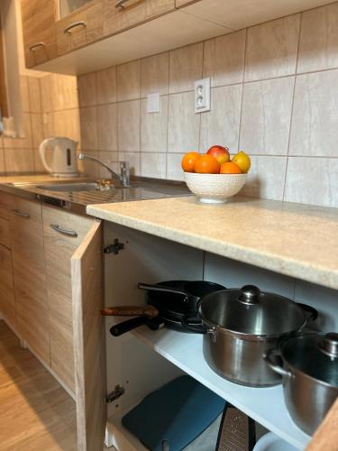 a kitchen with a counter with a bowl of oranges at Horský domek se zahradou na Javorné u Železné Rudy in Čachrov