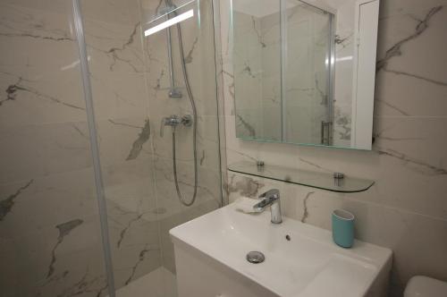 une salle de bain avec un lavabo et une douche avec un miroir dans l'établissement Studio Paris near Invalides Unesco Eiffel Tower Montparnasse, à Paris