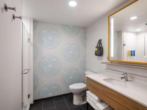 a bathroom with a toilet and a sink and a mirror at Tru By Hilton Chesapeake- Greenbrier in Chesapeake
