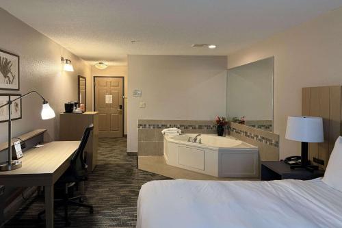 a hotel room with a bed and a tub and a desk at Country Inn & Suites by Radisson, Elgin, IL in Elgin