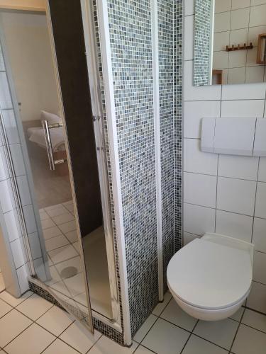 a bathroom with a toilet and a glass shower at Zinnowitz, Dünenstr 36 WE 15 in Zinnowitz