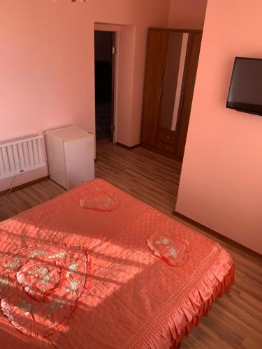 a bedroom with a bed with a red bedspread at Гостевой дом "Светлана" in Cholpon-Ata