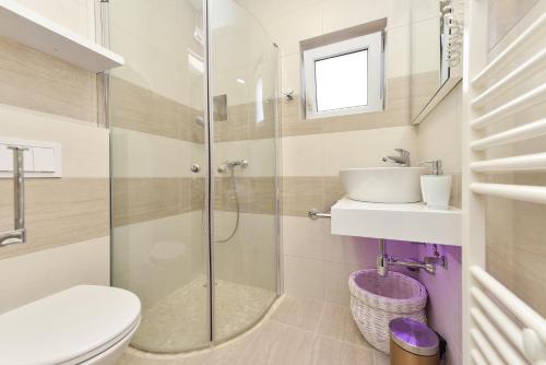 a bathroom with a shower and a toilet and a sink at Apartments Bracic Spa in Sukošan