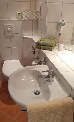 a bathroom with a white sink and a toilet at Ferienwohnung Edelweiss in Bischofsgrün