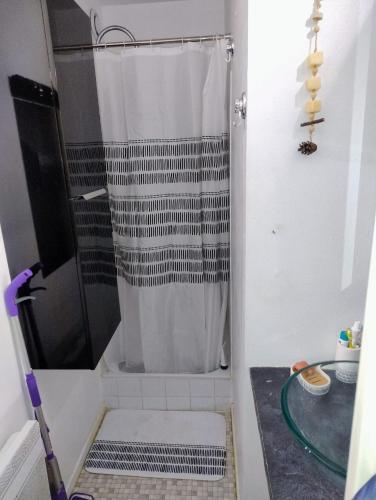 une douche avec une porte vitrée dans une salle de bain dans l'établissement Le Cap'Océan, à Mimizan-Plage