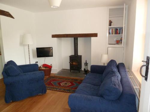 sala de estar con 2 sofás azules y chimenea en Bronfelin & Troed-y-Rhiw Holiday Cottage, en Llanwrtyd Wells
