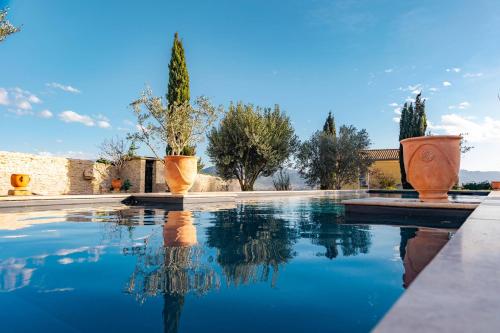 a swimming pool with two large pots and trees at La Sousto de Lili in Rasteau