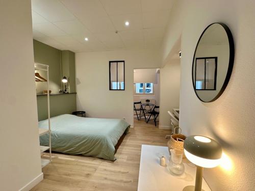 une chambre avec un lit et un miroir au mur dans l'établissement Studio Cosy Le Guichard hyper center, à Bourg-en-Bresse