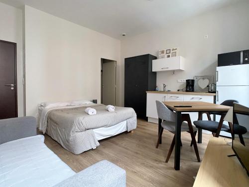 a room with two beds and a table and a kitchen at ALBIAPPPART CENTRE in Albi