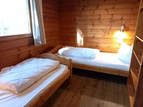 two beds in a log cabin with a window at Hasselhäuser Hasselhaus 4 in Hasselfelde