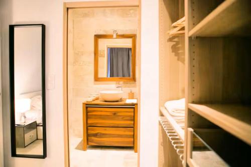 La salle de bains est pourvue d'un lavabo et d'un miroir dans un placard. dans l'établissement BnGo I Luxe & Confort I Lyon centre, 4 personnes, toilette séparé, Place des terreaux, à Lyon