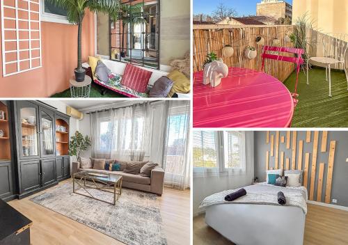 un collage de quatre photos d'un salon dans l'établissement T4 Lumineux & Spacieux, à Avignon