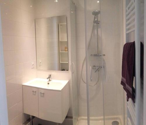 une salle de bain blanche avec un lavabo et une douche dans l'établissement Appt 2 pièces LA ROCHELLE - LR090-C232, à La Rochelle