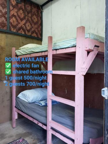 een roze stapelbed in een kamer met een bord bij sharkbunkbed siargao in General Luna