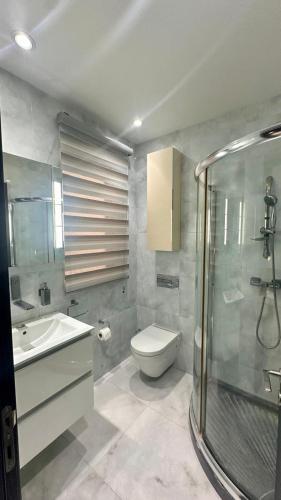 a bathroom with a shower and a toilet and a sink at Stardust in San Ġwann