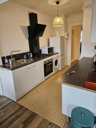 une cuisine avec un évier et une cuisinière four supérieur dans l'établissement L'appartement du théatre, à Troyes