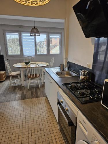 une cuisine avec un évier et une cuisinière four supérieur dans l'établissement L'appartement du théatre, à Troyes