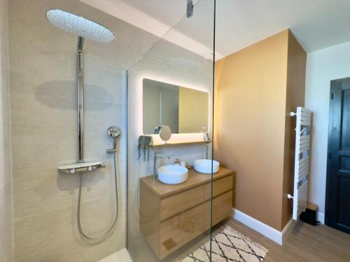 une salle de bain avec un lavabo et une douche en verre dans l'établissement Sublime maison de vacances piscine au cœur des pins, proche plage, à La Teste-de-Buch