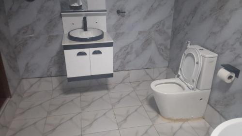 a bathroom with a white toilet and a sink at The Giraffe Cottages in Nairobi