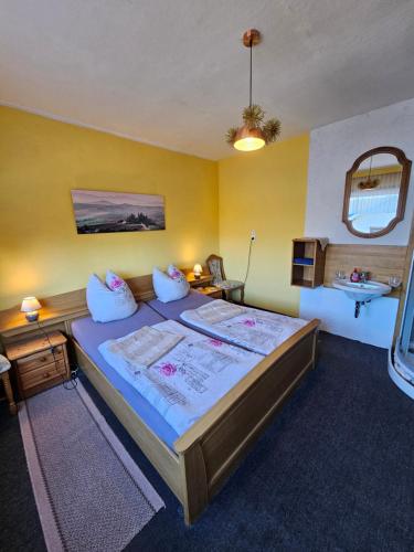 a bedroom with a large bed and a sink at Gehlberger Landhaus am Schneekopf / Ferienwohnung in Suhl