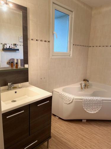 La salle de bains est pourvue d'une baignoire, d'un lavabo, d'une baignoire et d'un miroir. dans l'établissement Le Nid de Cissé, à Cissé