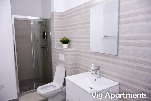 a bathroom with a toilet and a sink and a shower at Vig Apartments in Timişoara