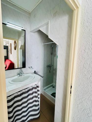 une salle de bain avec un lavabo, une douche et un miroir dans l'établissement GStudio climatisé avec terrasse 300 m de la plage expo sud cosy que du bonheur, au Grau-du-Roi