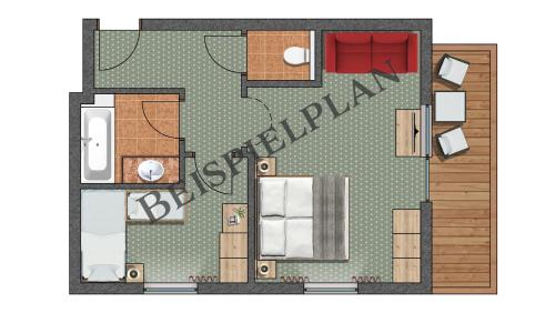 a floor plan of a small apartment with a room at Hotel Babymio in Kirchdorf in Tirol