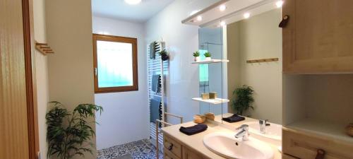a bathroom with a sink and a mirror at Le Refuge des libellules in Daglan