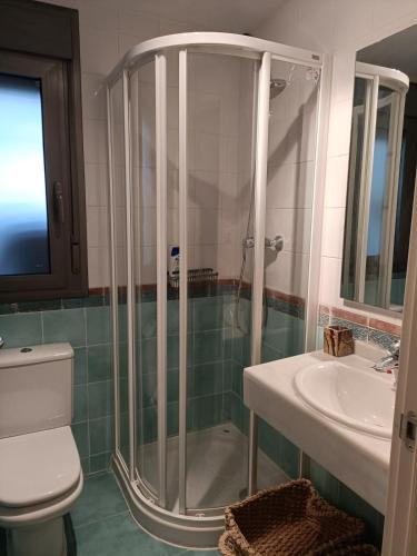a bathroom with a shower and a toilet and a sink at Sky, golf y senderismo in Sabiñánigo