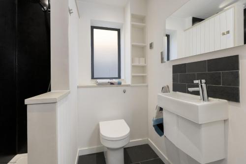a white bathroom with a toilet and a sink at Pitts Cottage Annexe in Bladon