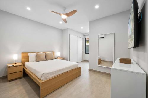 a bedroom with a bed and a ceiling fan at Safir 40 in Palm-Eagle Beach