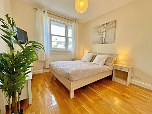 ein Schlafzimmer mit einem Bett und einer Topfpflanze in der Unterkunft Kanangra, 2 bedroom apartment in Teignmouth in Teignmouth
