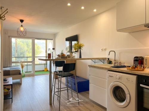 - une cuisine avec lave-linge et sèche-linge dans la chambre dans l'établissement Studio lumineux 4 couchages avec terrasse à 500m de la plage, parking gratuit, à Six-Fours-les-Plages