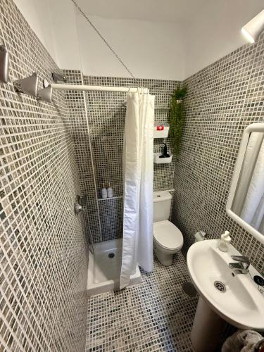 a bathroom with a shower and a toilet and a sink at Casa Chana y Domingo in Agulo