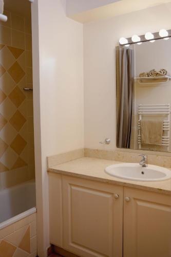 une salle de bain avec un lavabo et un miroir dans l'établissement Appartement Nature Golf de Saumane - Vue & Calme, à Saumane-de-Vaucluse