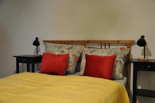 a bedroom with a bed with red pillows and two lamps at Komfortables Apartment in Mainz in Mainz